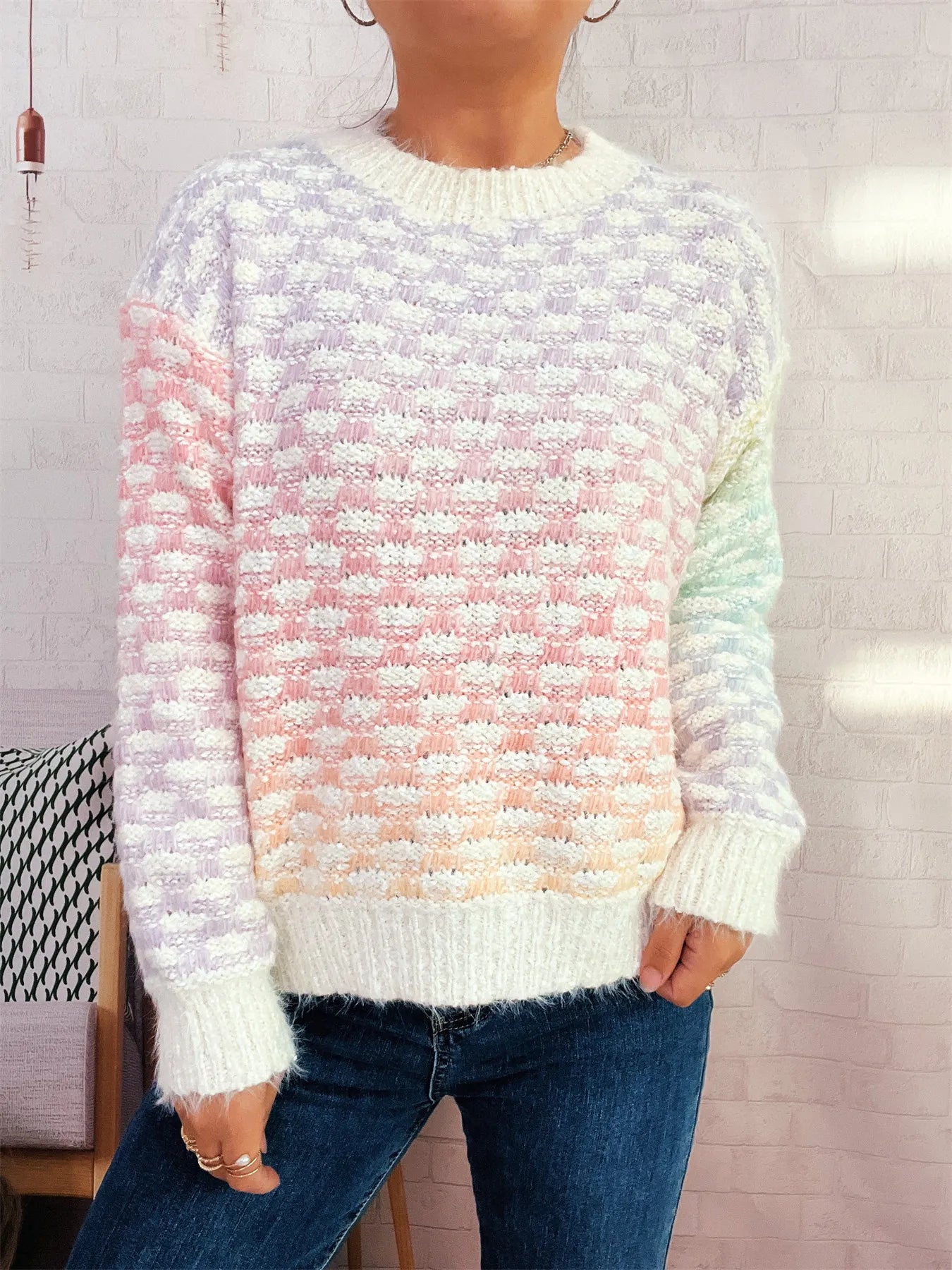 Rainbow Gradient Round Neck Sweater