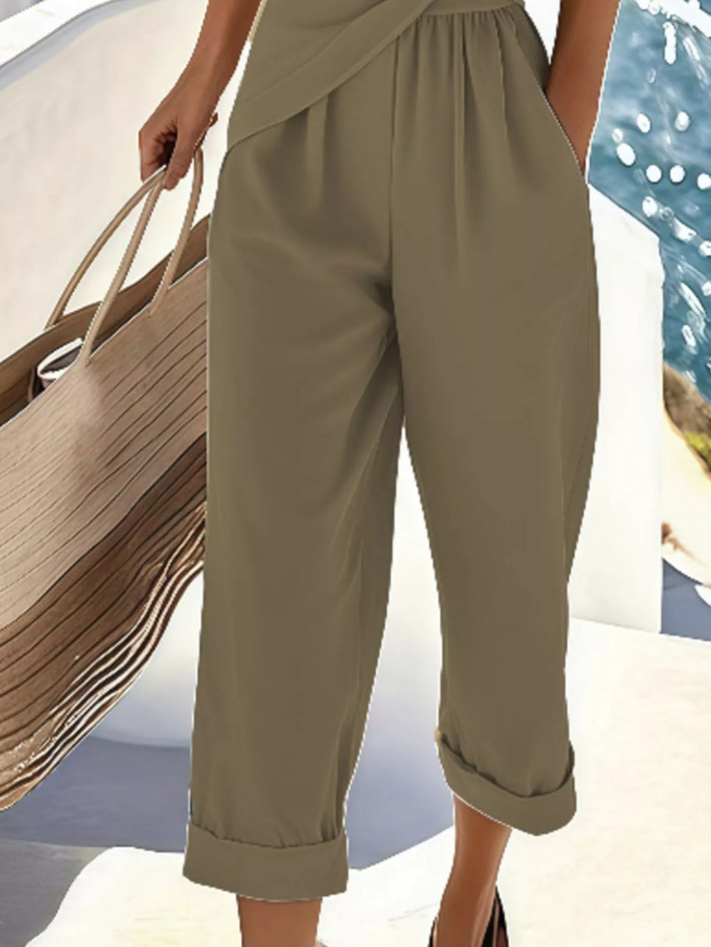 Full Size Surplice Short Sleeve Top and Pants Set Plus Size