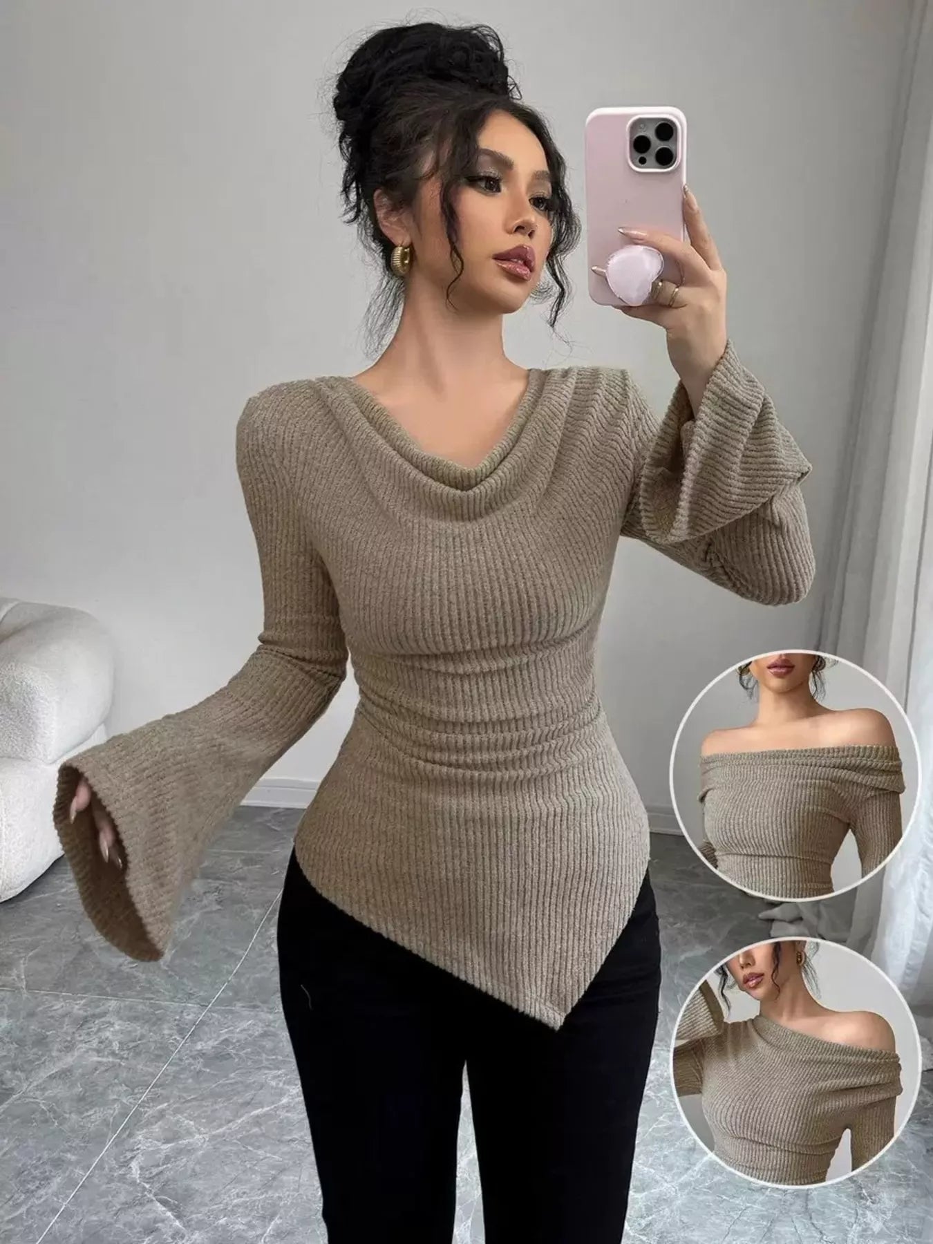 Cowl Neck Flare Sleeve Top