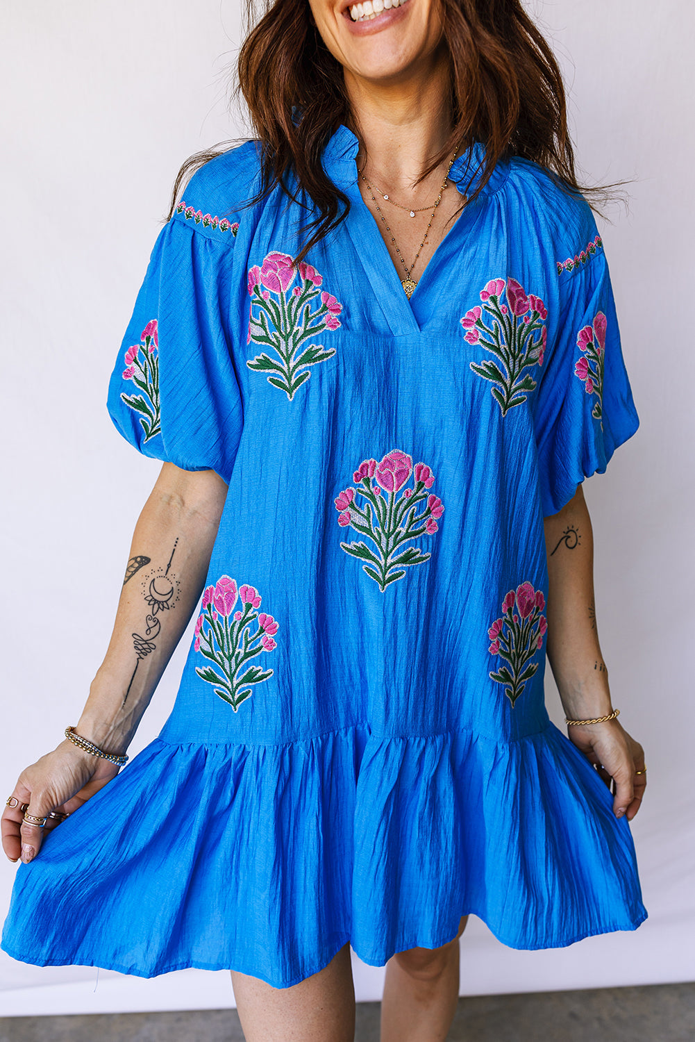 Flower Embroidered Puff Sleeve Ruffle Hem Dress