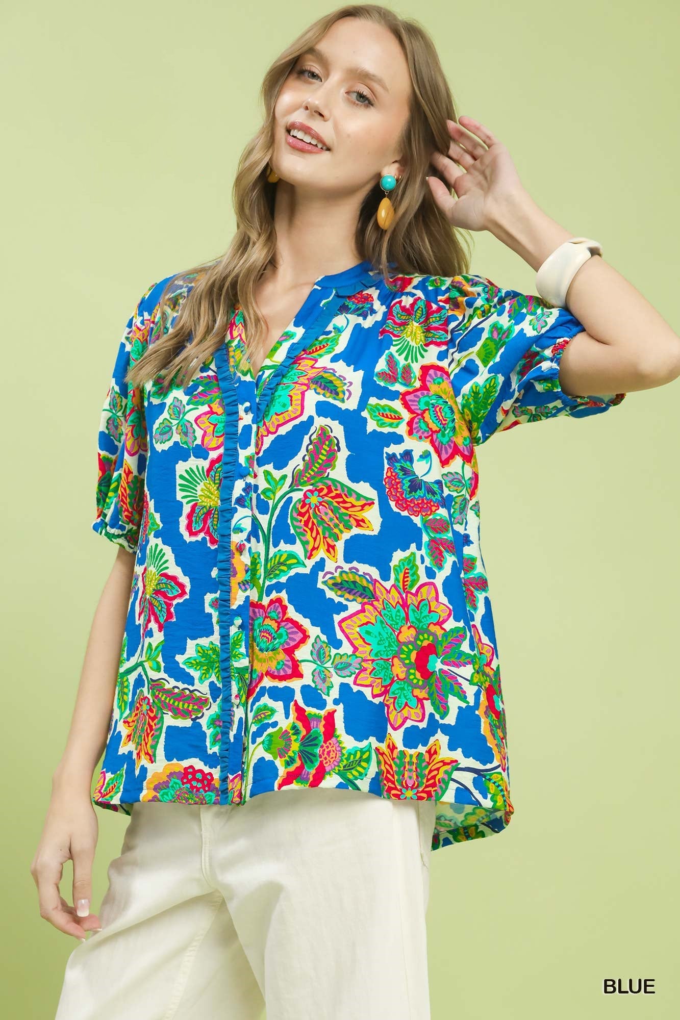 Umgee Floral Contrast-Trim Boho Blouse