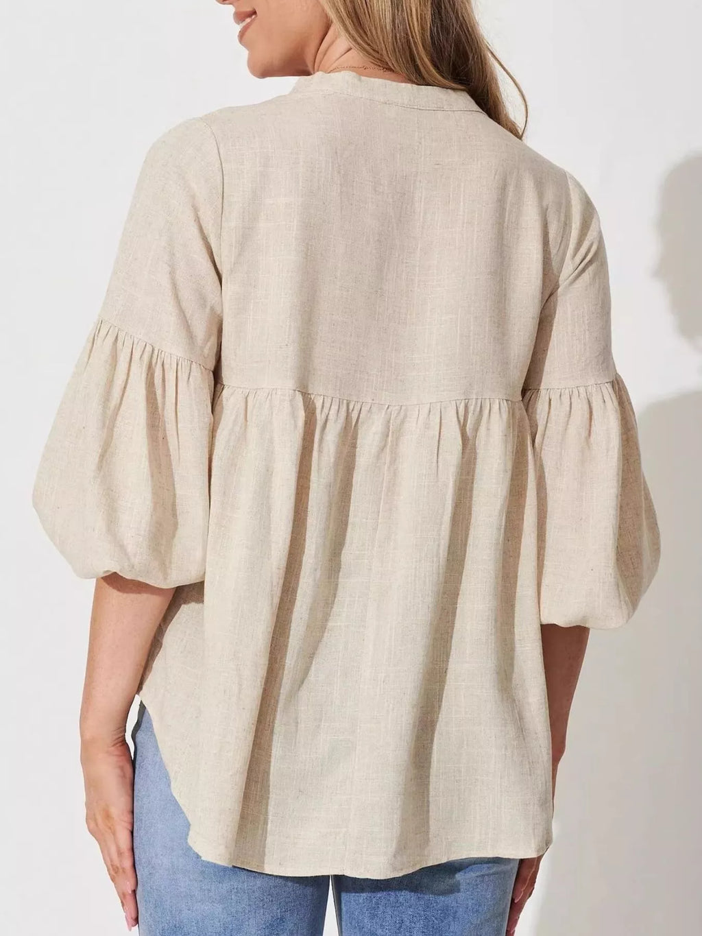 Notched Balloon Sleeve Blouse