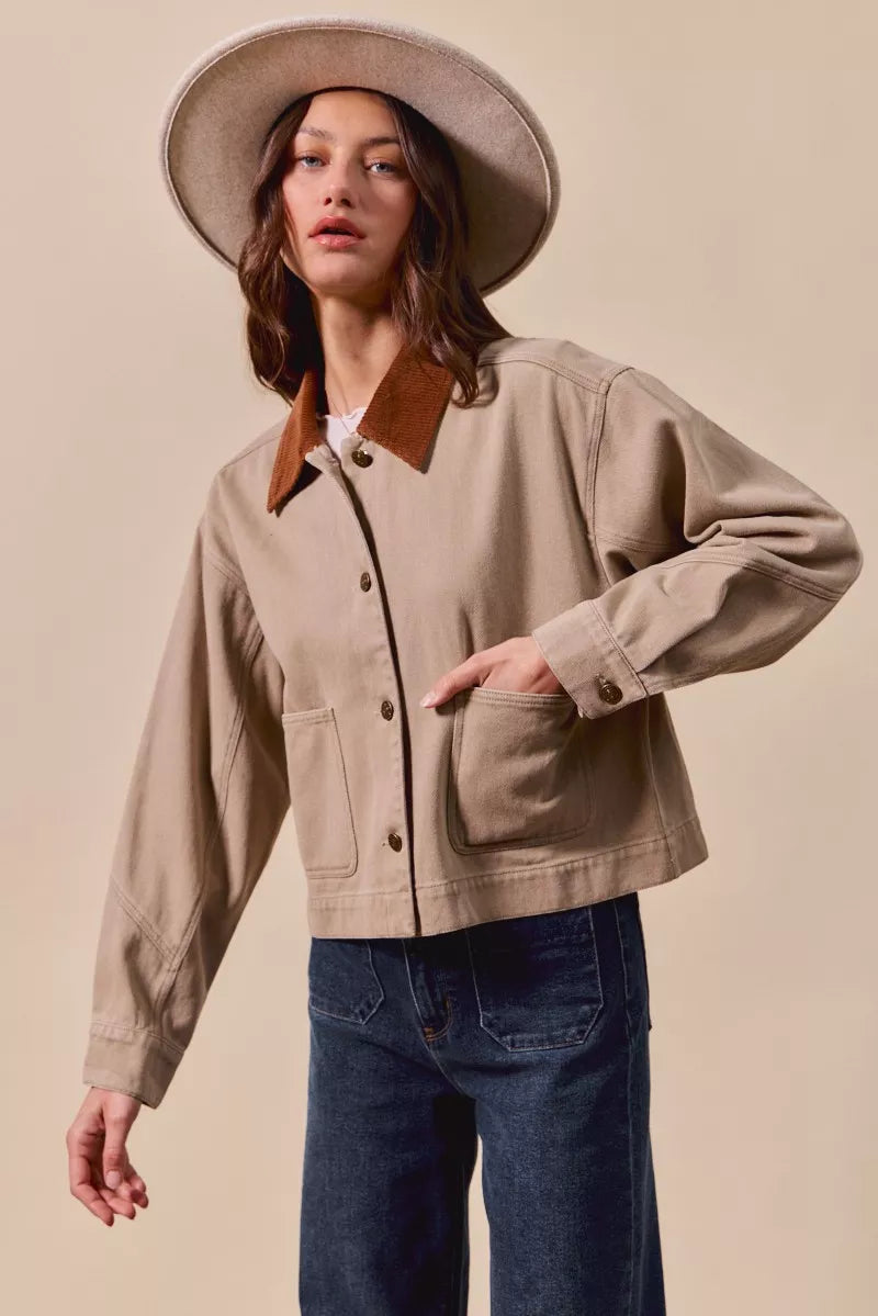 SO ME Cotton Twill Cropped Barn Jacket wtih Collar
