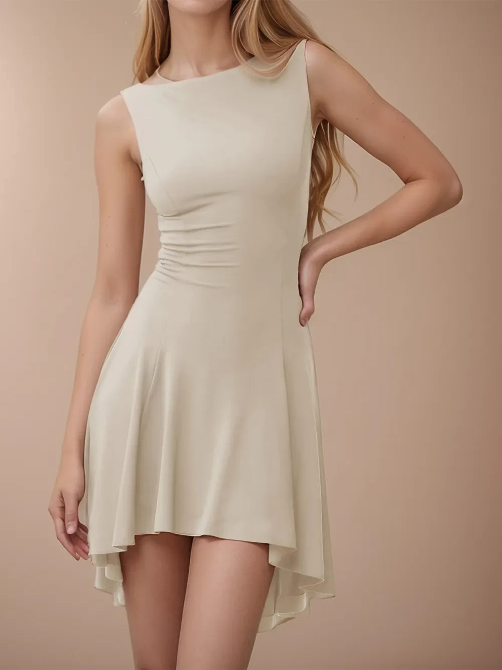 High-Low Round Neck Sleeveless Mini Dress