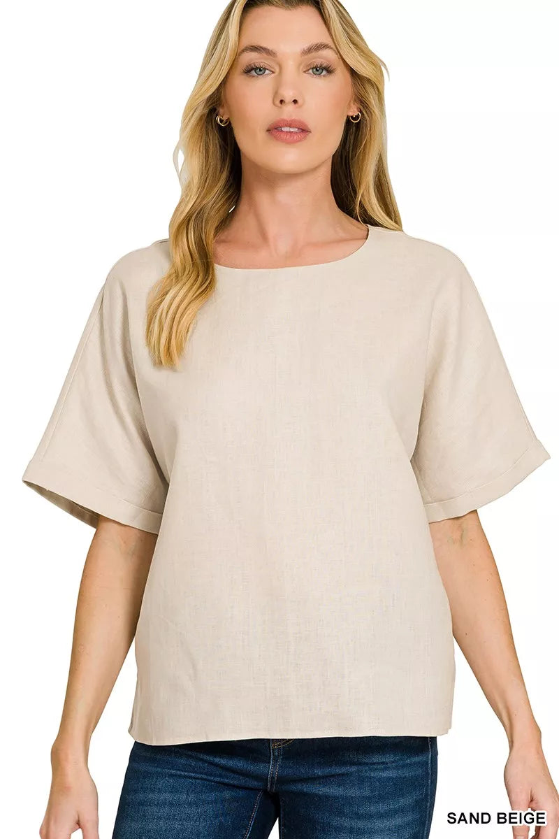 Zenana Linen Round Neck Cuffed Sleeve Top