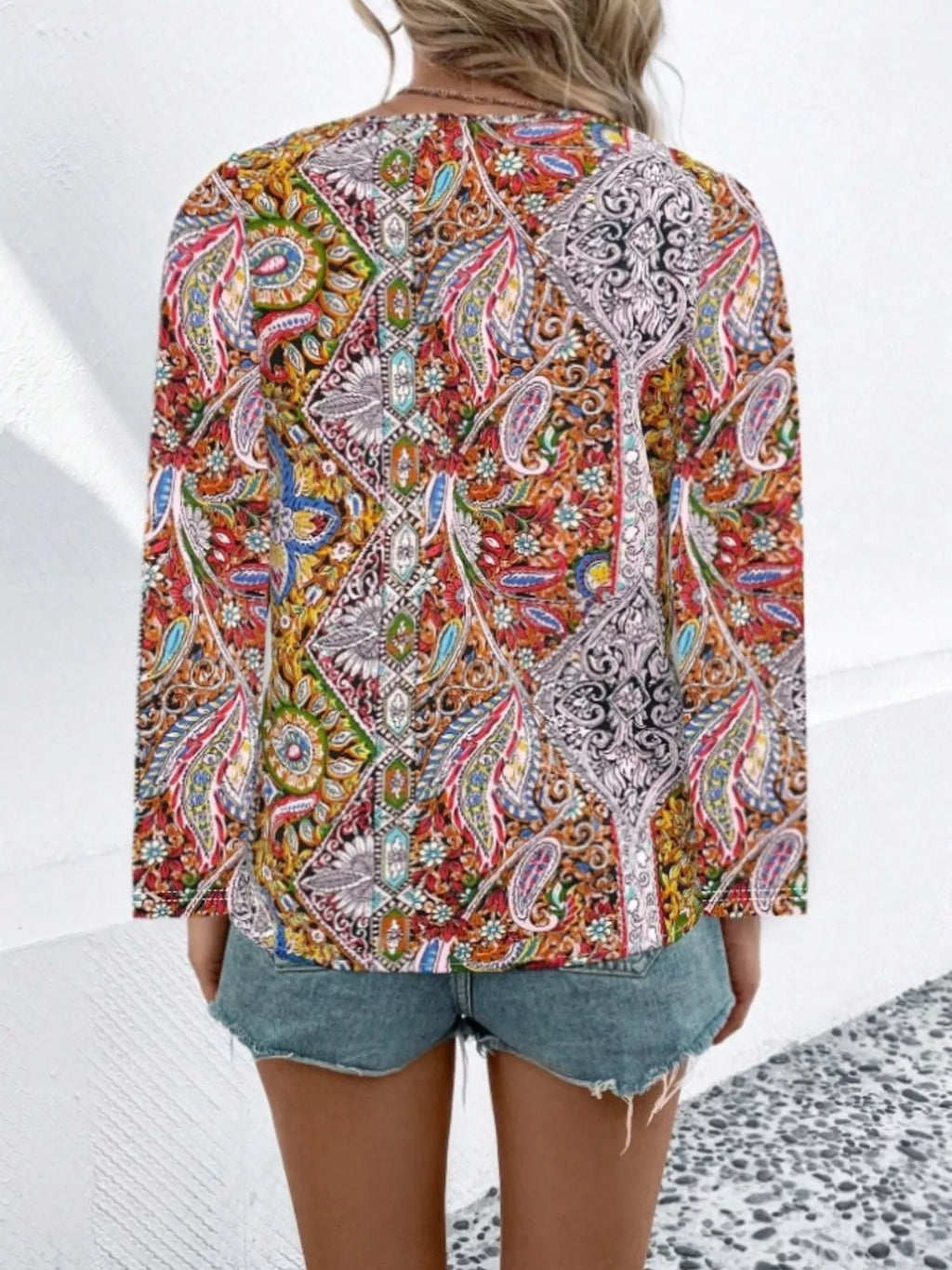 Paisley Print V-Neck Long Sleeve Blouse