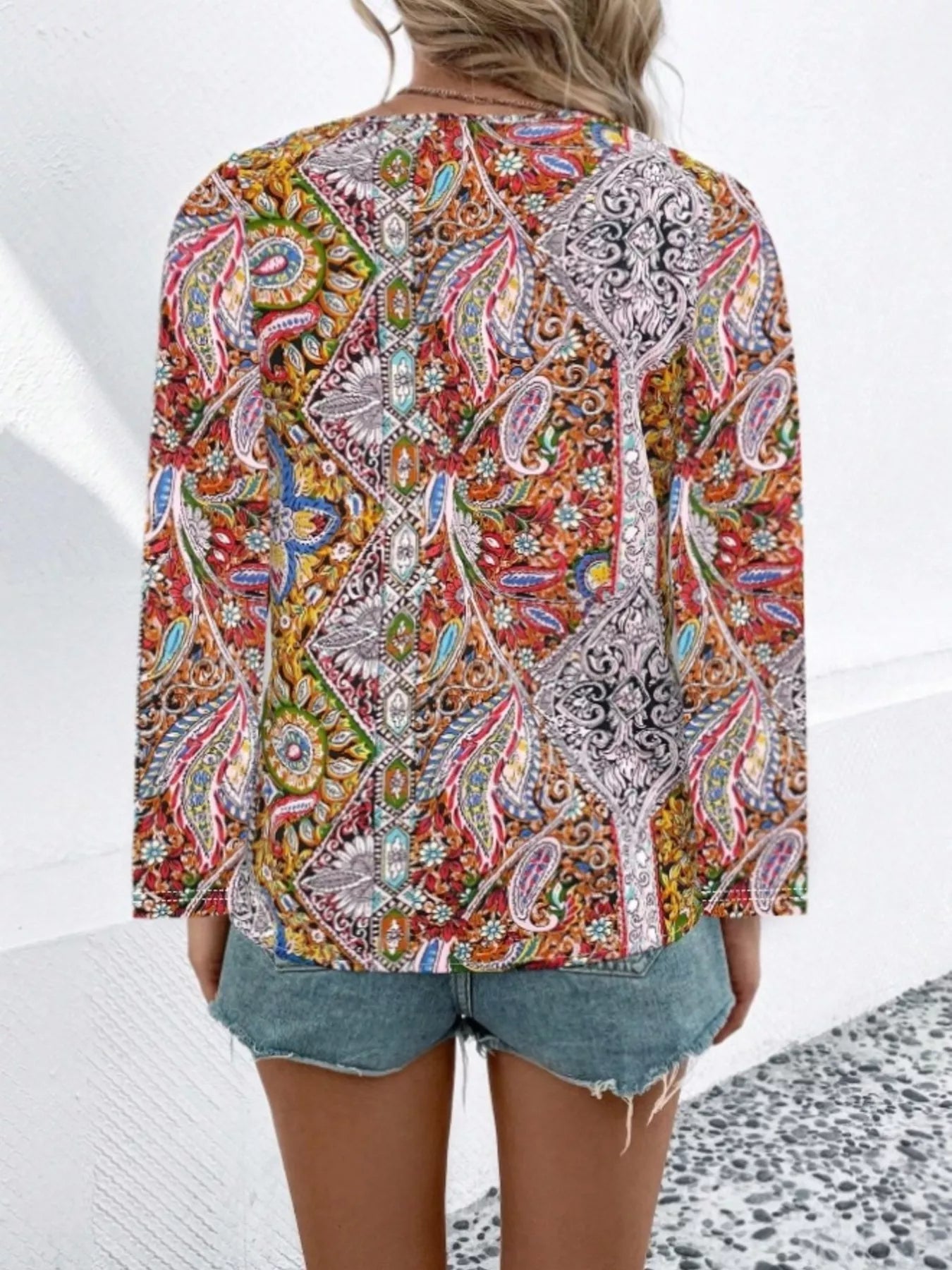 Paisley Print V-Neck Long Sleeve Blouse