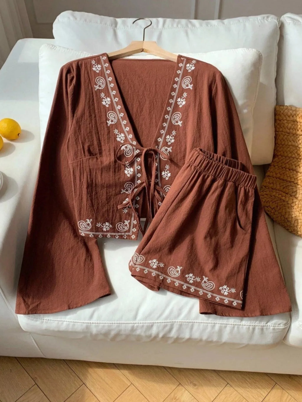 Embroidered Tie-Front Top & Shorts Set
