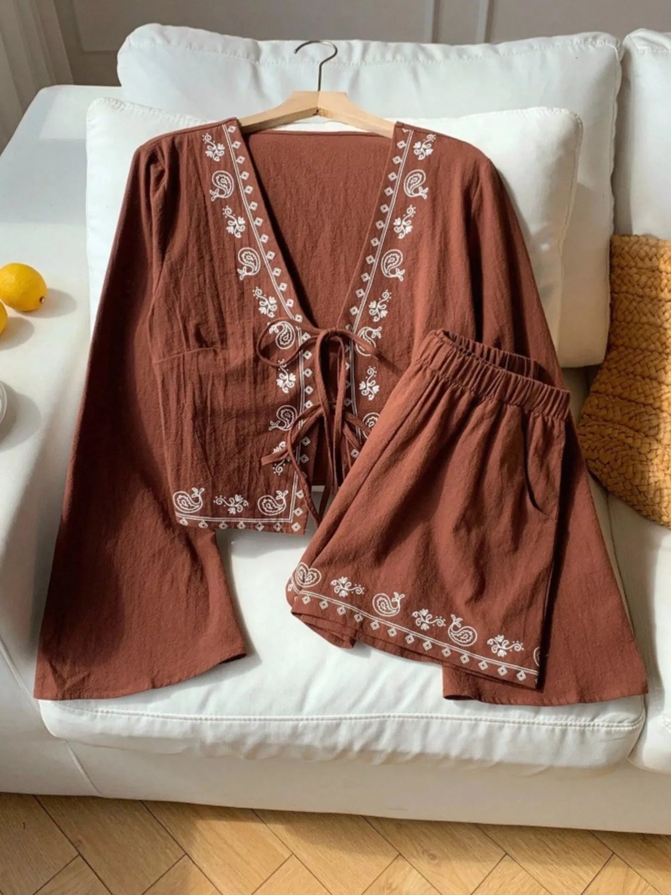 Embroidered Tie-Front Top & Shorts Set