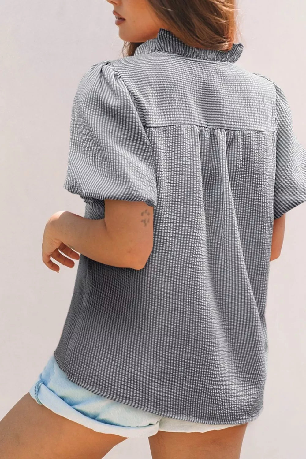 Striped Ruffle Short Bubble Sleeve Shirt
