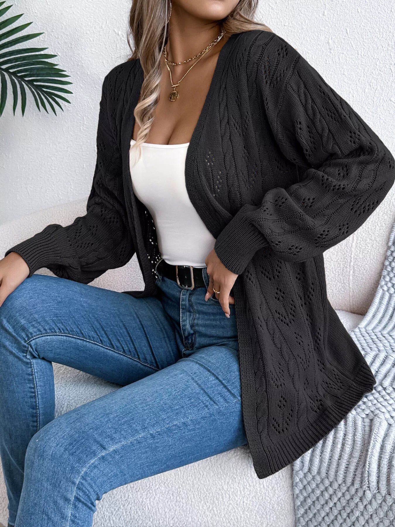 Openwork Open Front Long Sleeve Cardigan