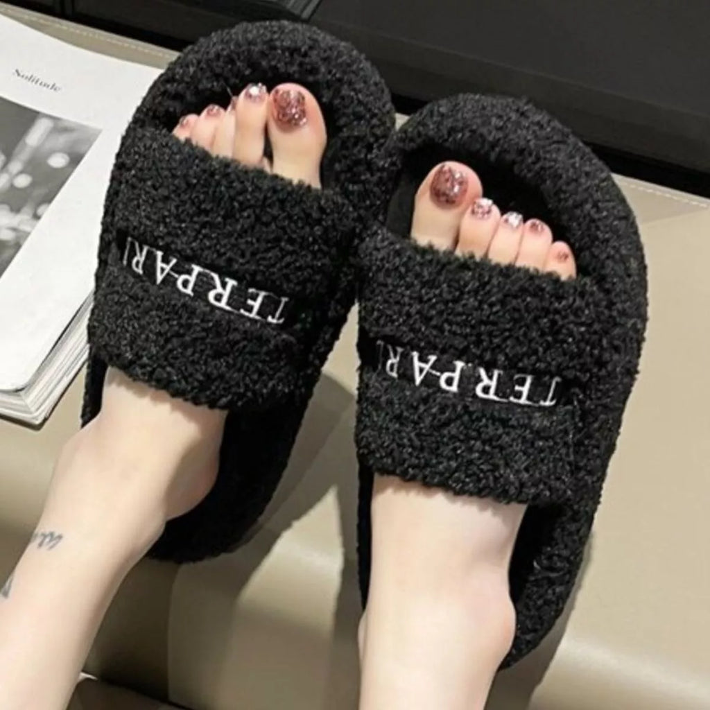 Fuzzy Plush Open Toe Slippers