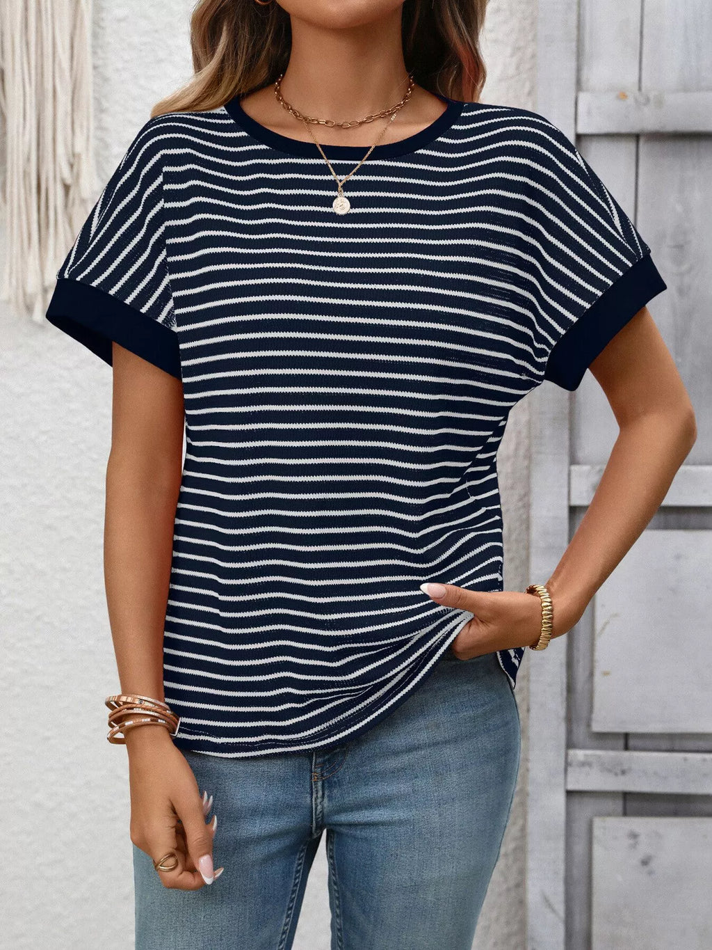 Striped Ribbed Knit Short Sleeve T-Shirt