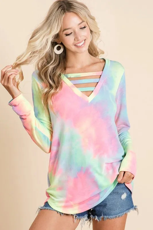 BiBi Tie Dye French Terry V-Neck Top with Strapped