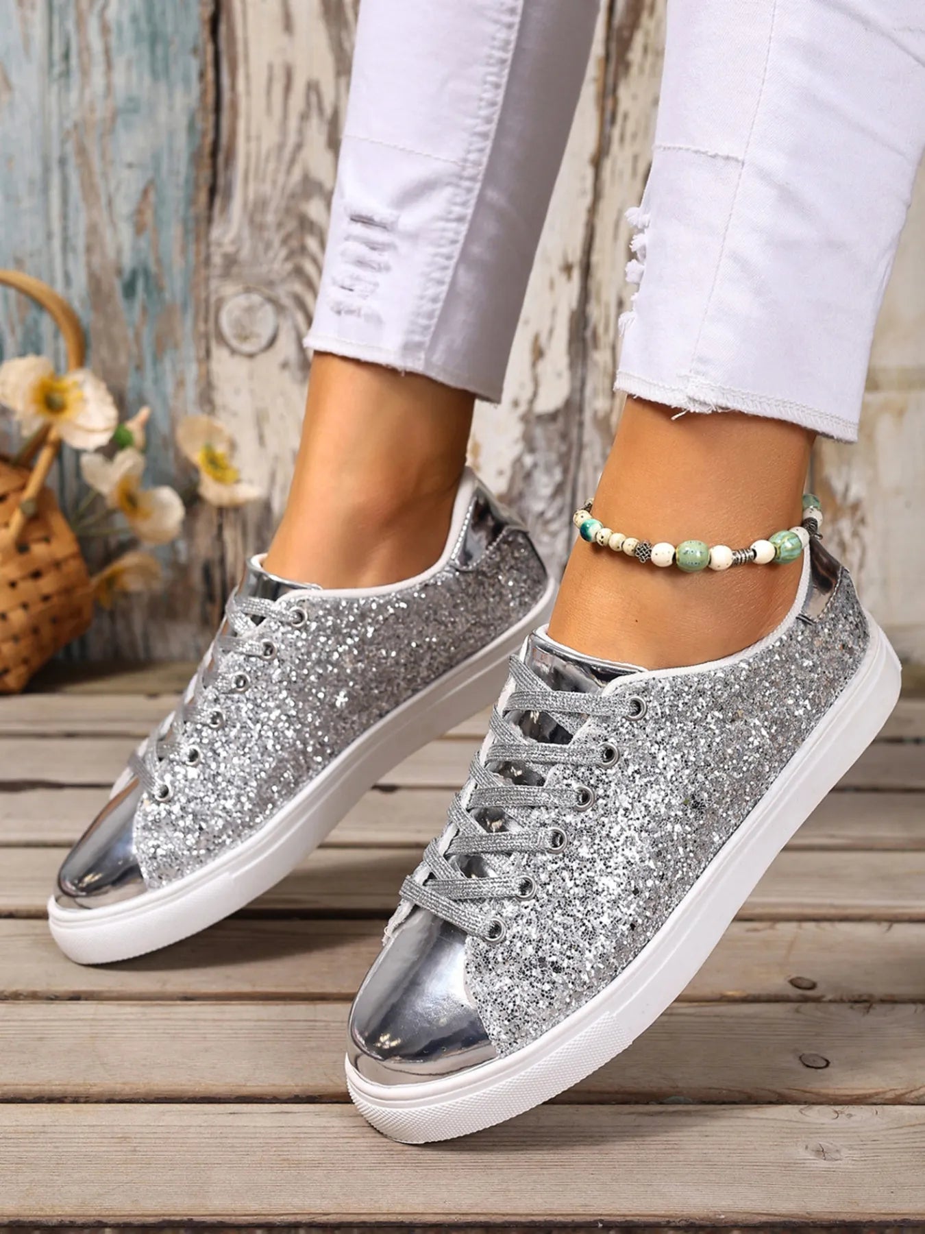 Sequin Lace Up Sneakers