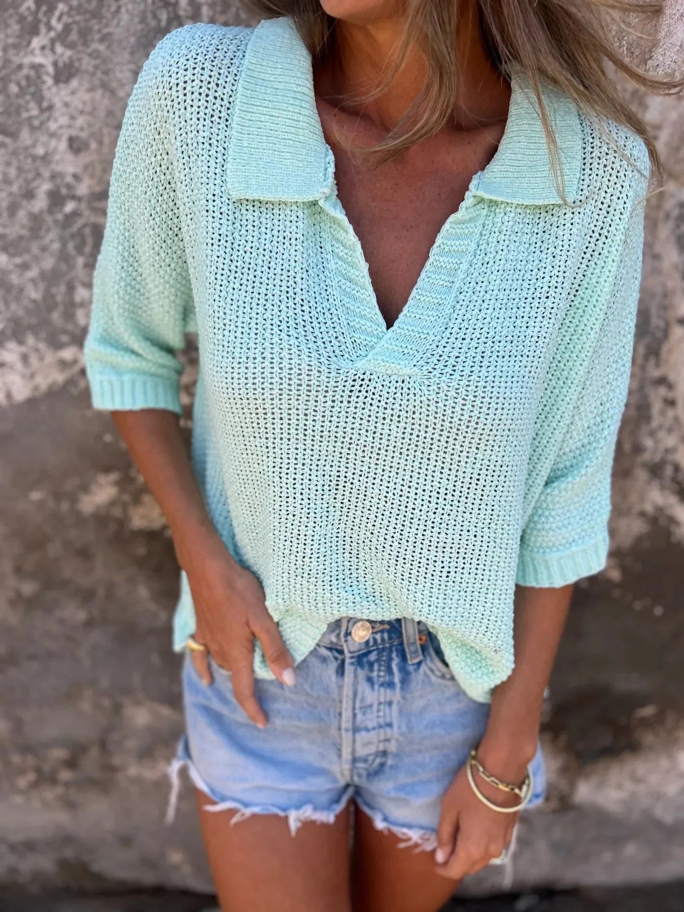 Full Size Johnny Collar Loose Knit Sweater Plus Size