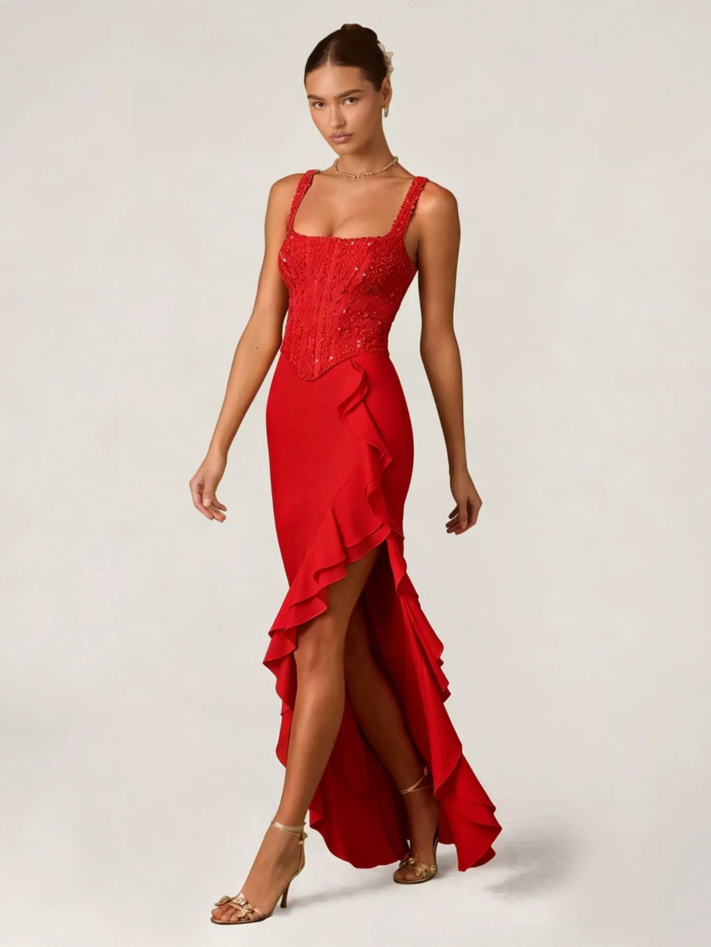 Sequin Ruffle Hem Maxi Dress