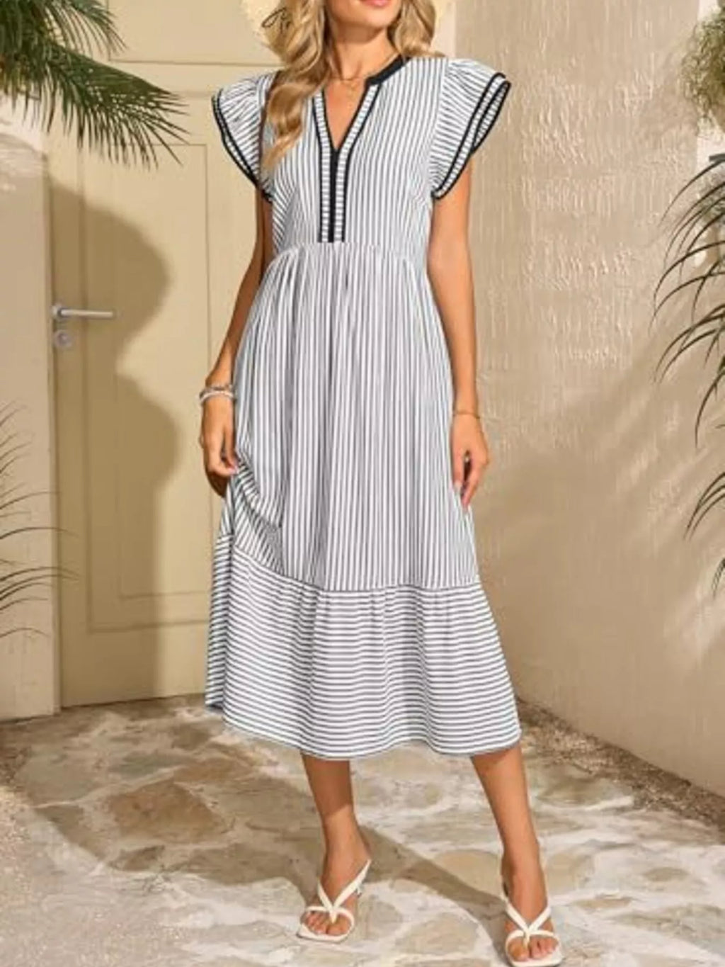 Striped Notched Ruffle Sleeve Dress