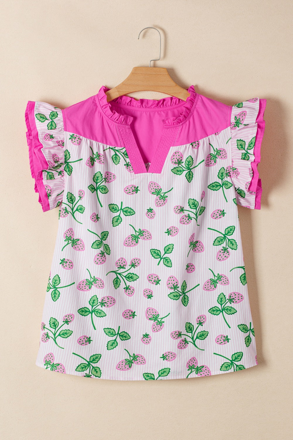 Striped Strawberry Printed Color Block Patchwork V Neck Flutter Sleeve Blouse