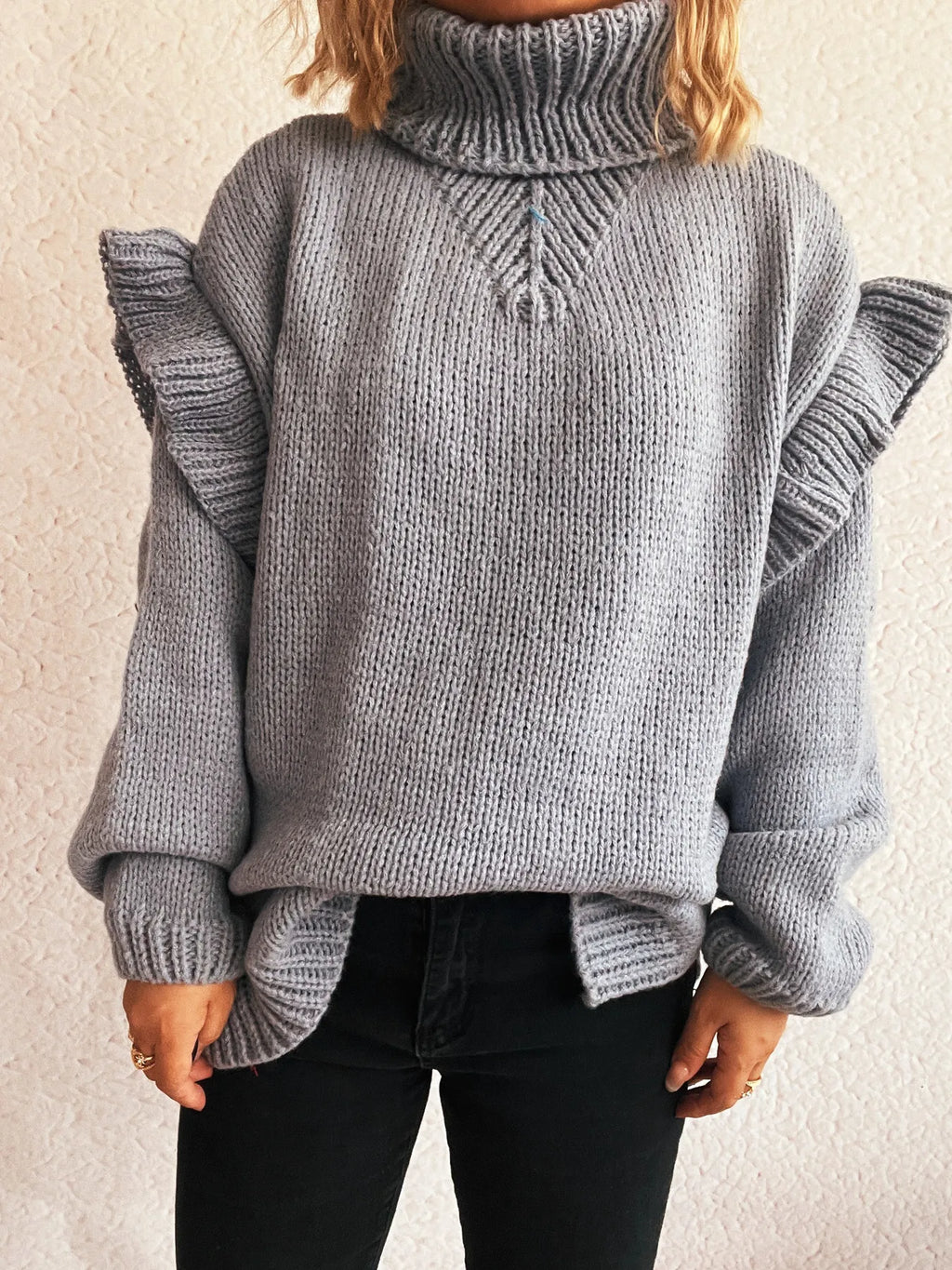 Ruffled Turtleneck Long Sleeve Sweater