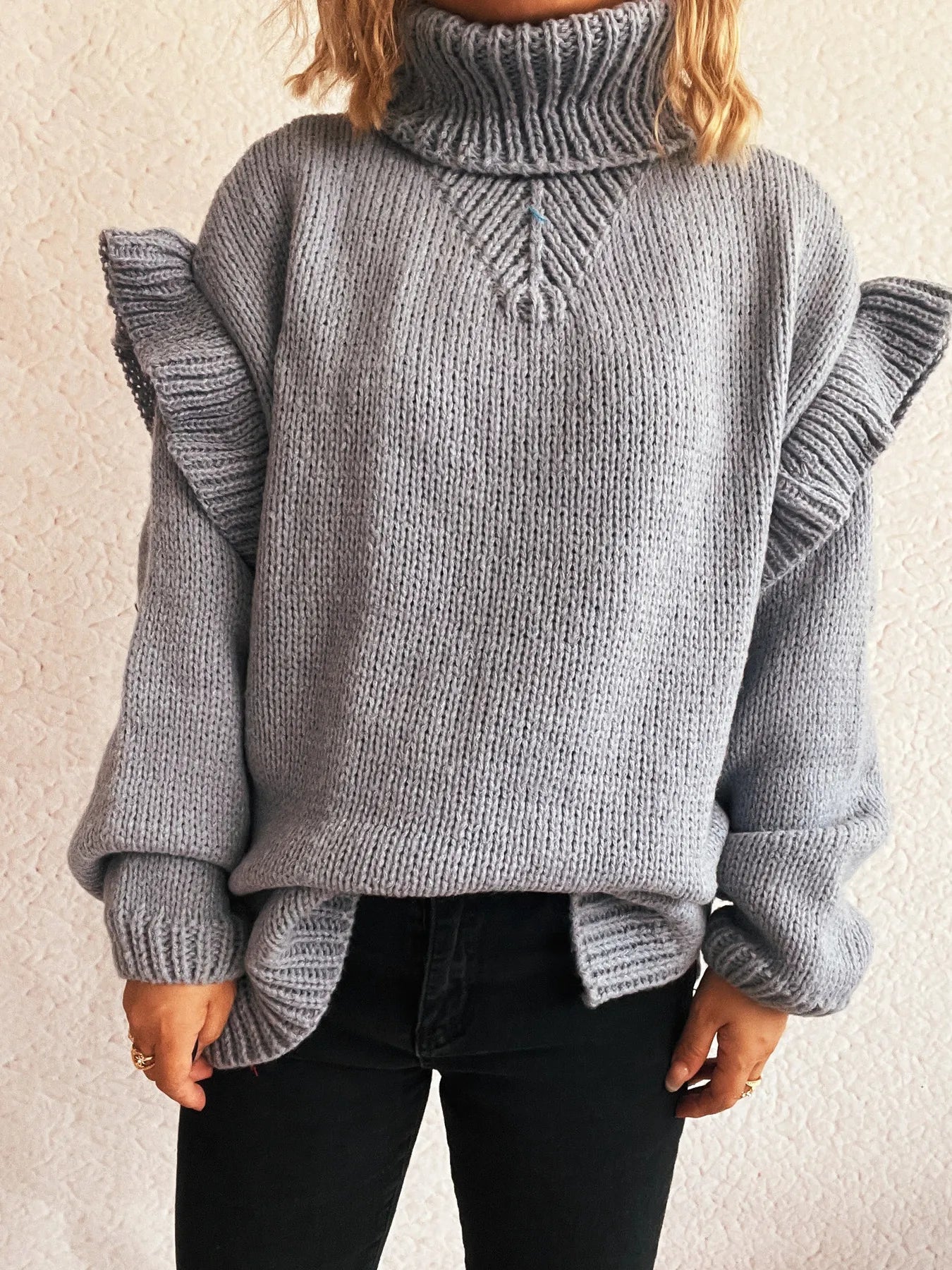 Ruffled Turtleneck Long Sleeve Sweater