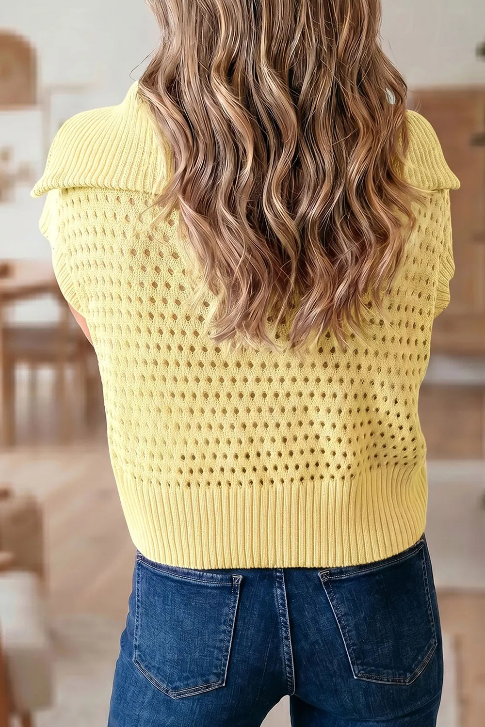Solid Color Hollowed Knit Short Sleeve Zipper Collar Knitwear Top