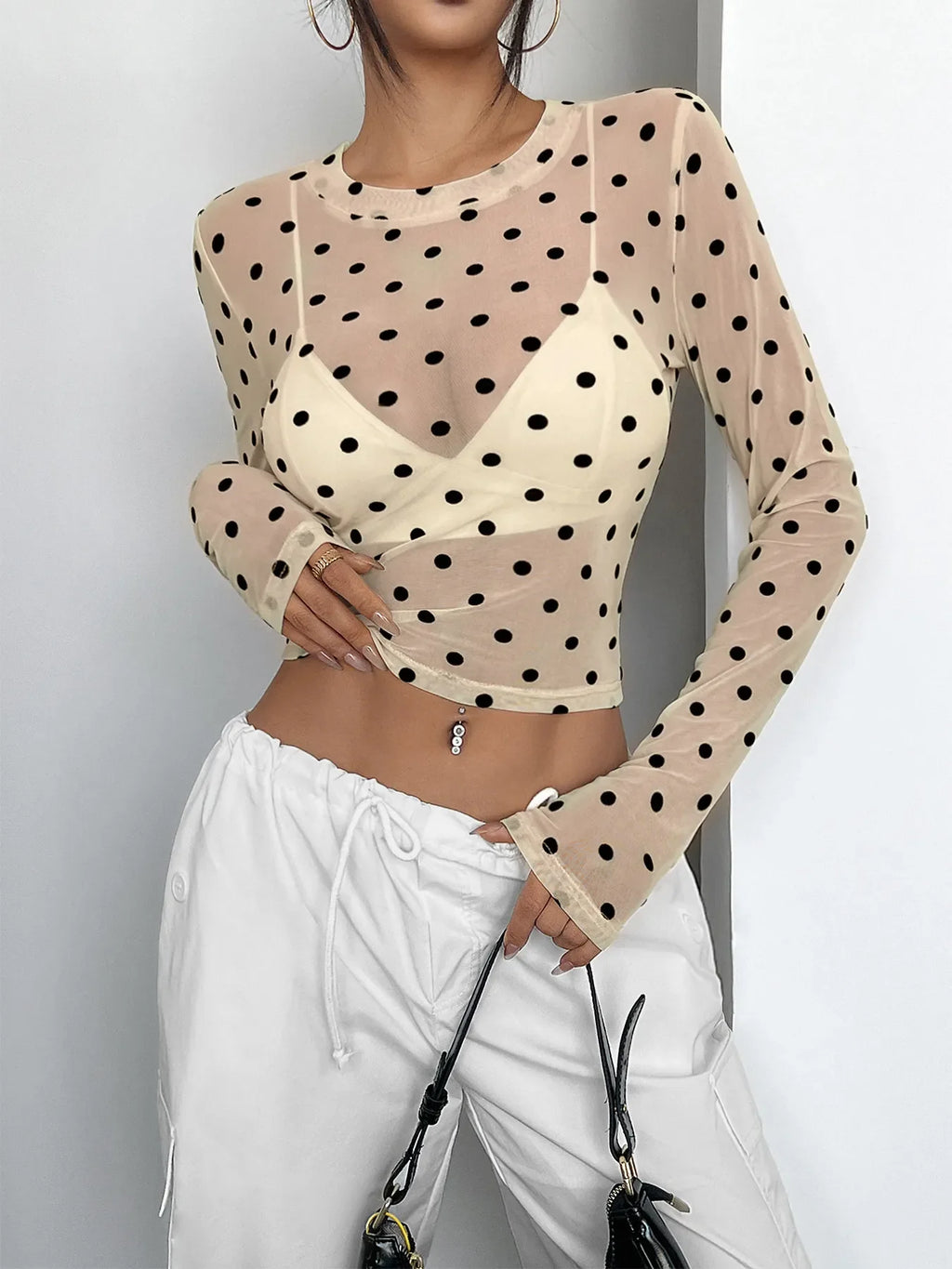 Polka Dot Mesh Long Sleeve Crop Top