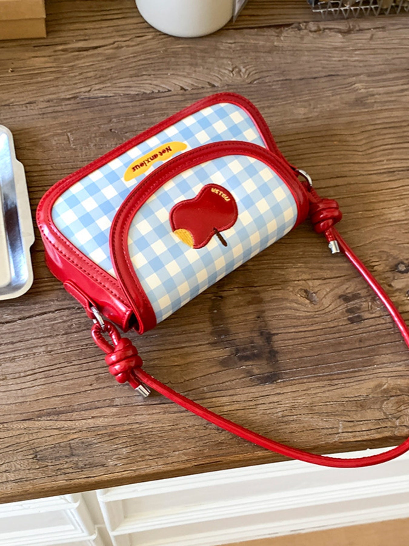 Apple Gingham Pattern Shoulder Bag