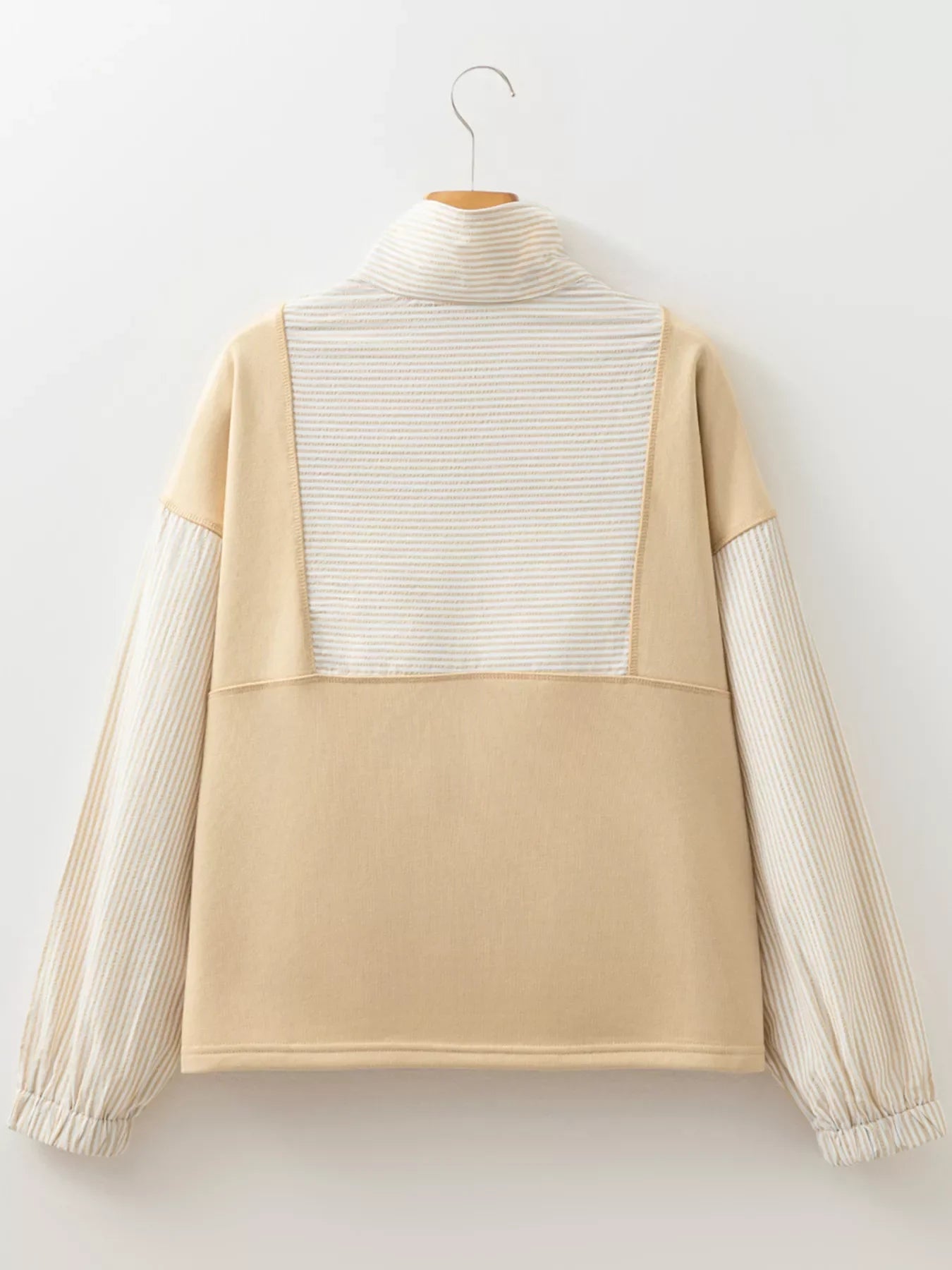 Quarter Zip Striped Patchwork Drop Shoulder Loose Long Sleeve Top