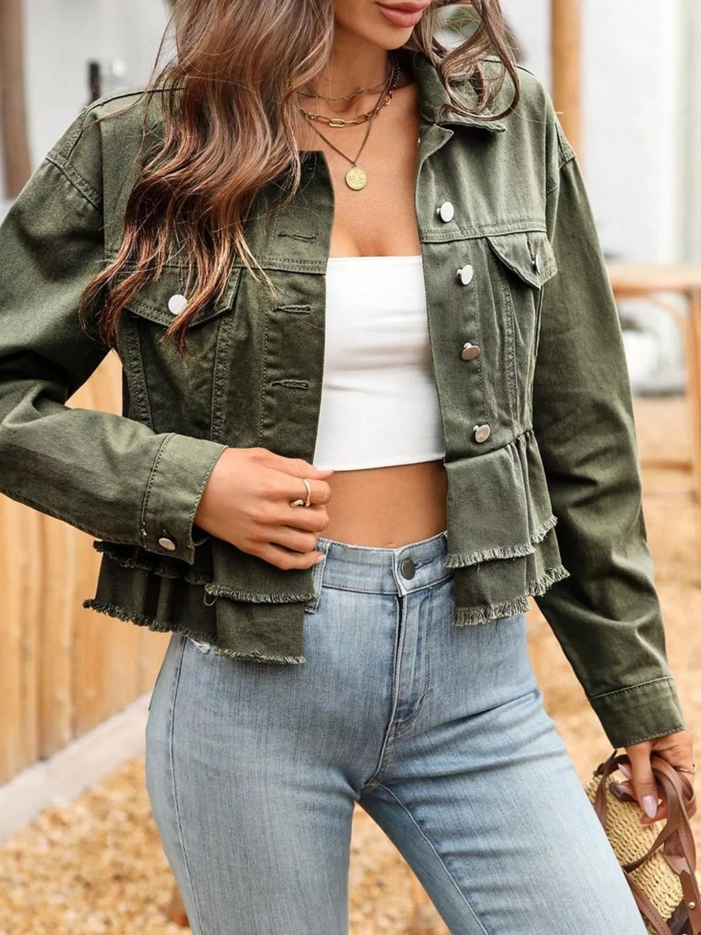 Ruffle Raw Hem Denim Jacket