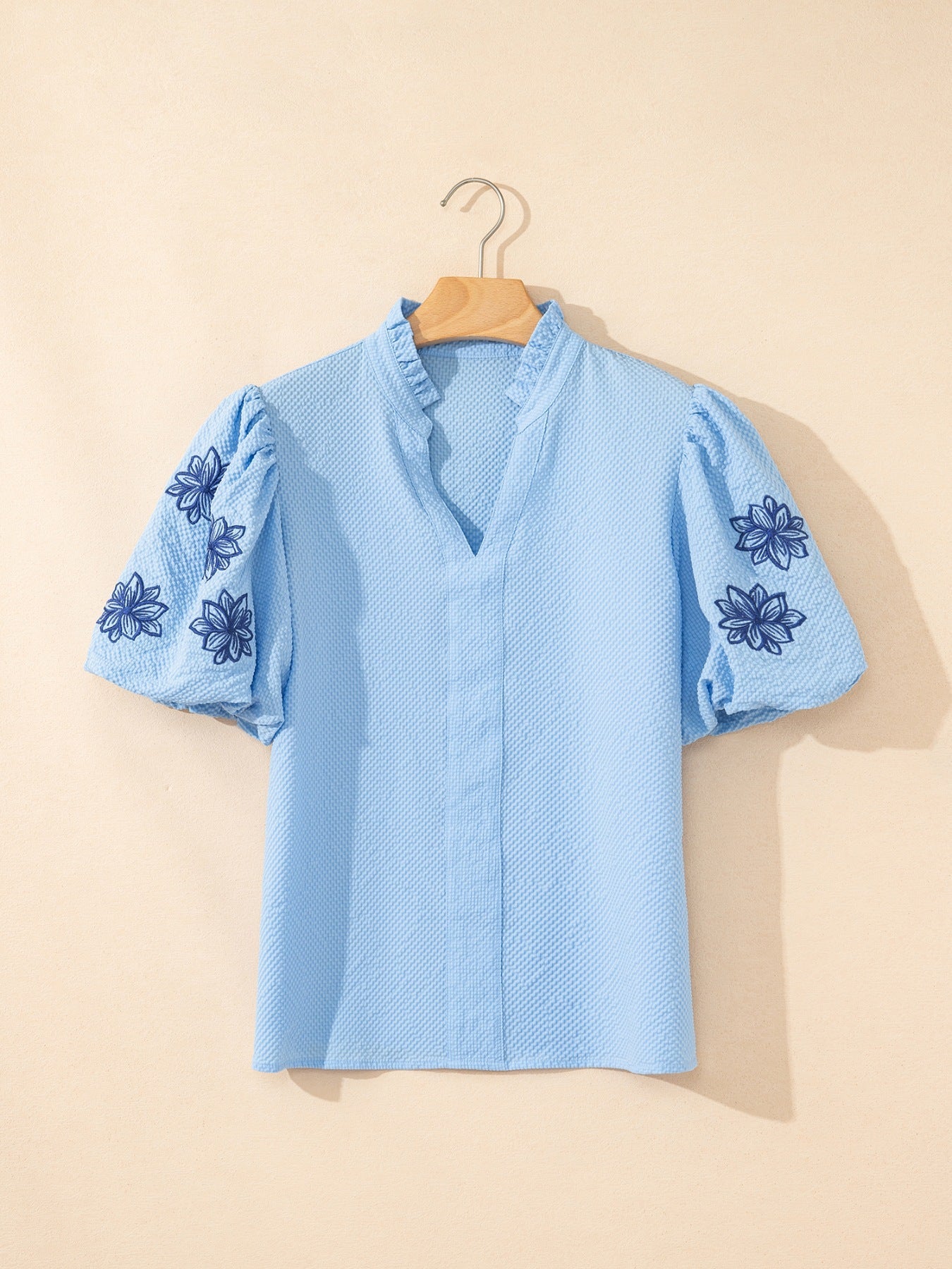 Flower Embroidered Puff Sleeve Split Neck Textured Blouse