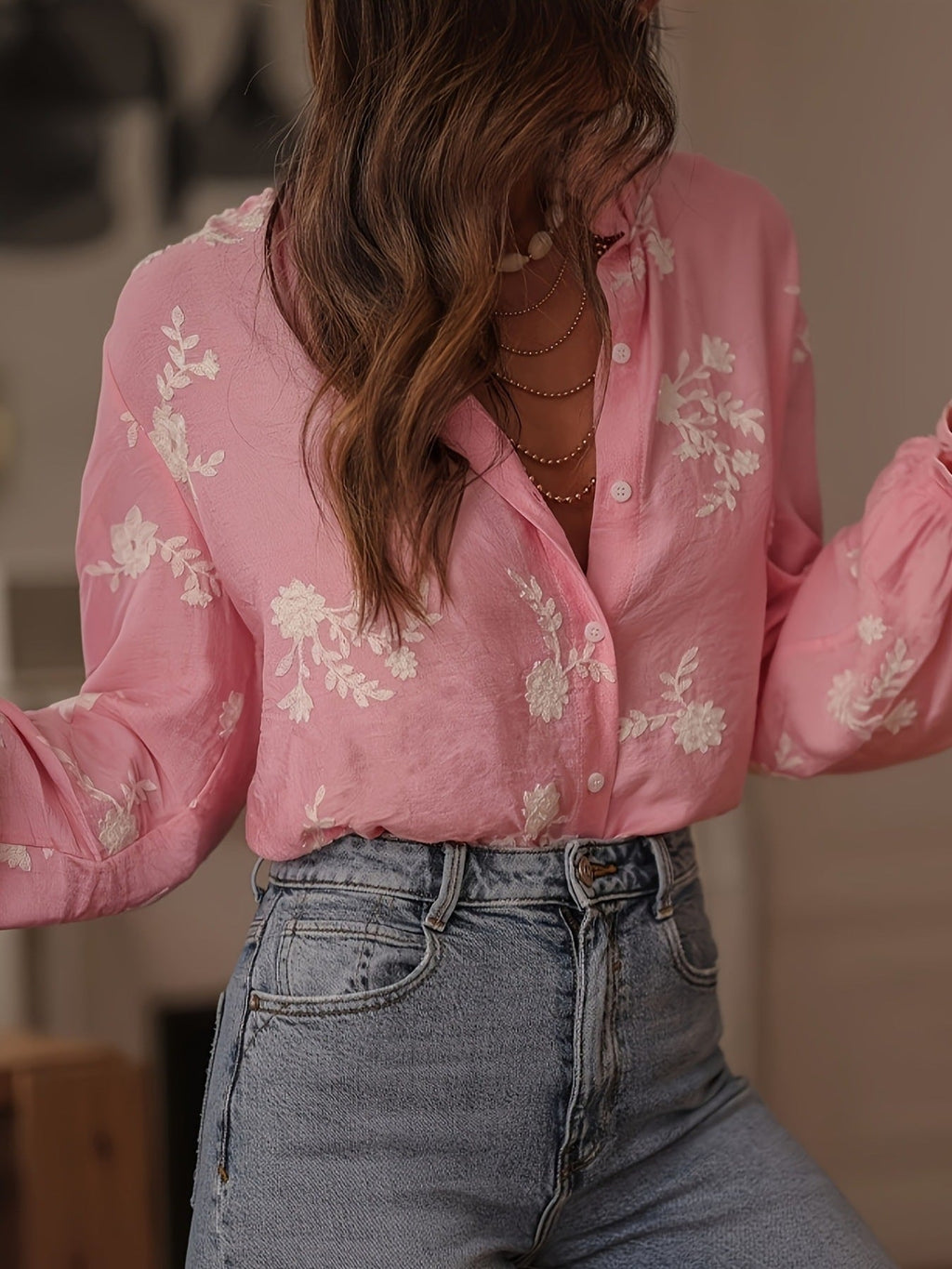 Floral Embroidered Button Down Shirt