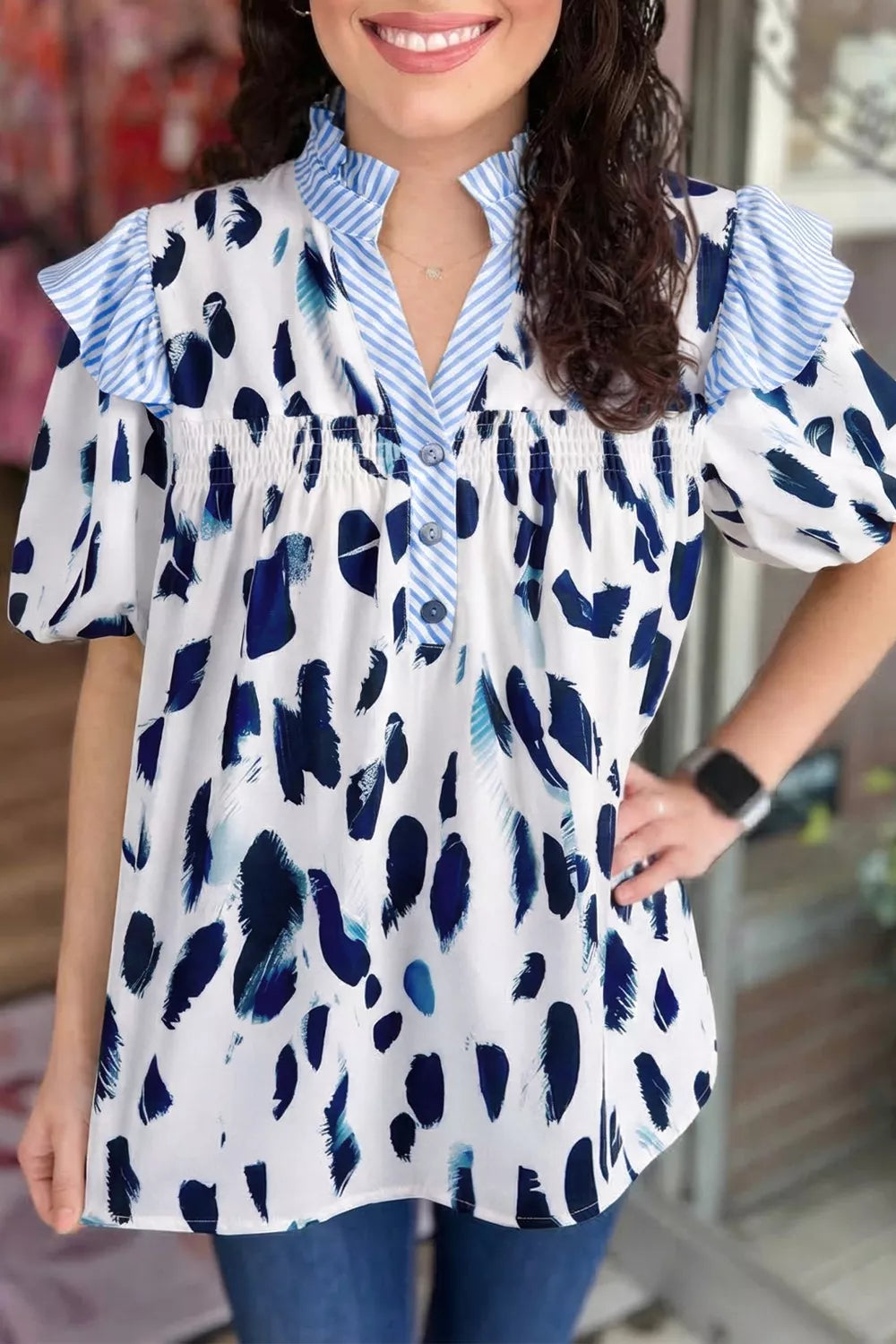 Abstract Animal Print Striped Ruffle Trim V Neck Blouse