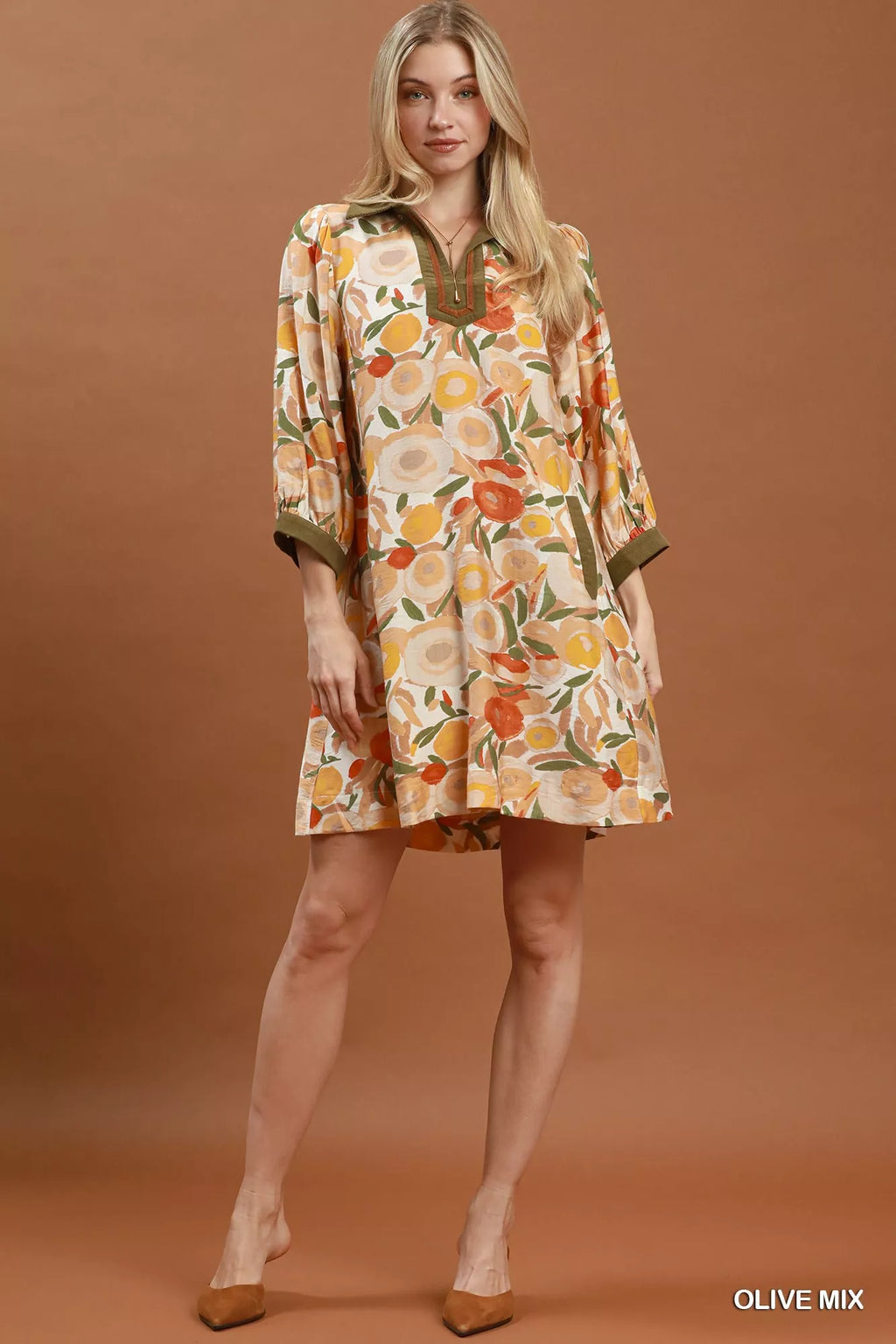 Umgee Mix Floral Contrast Trim Shift Mini Dress