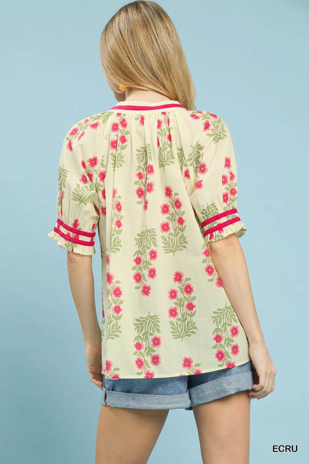 Umgee Floral V-Neck Puff Sleeve Top
