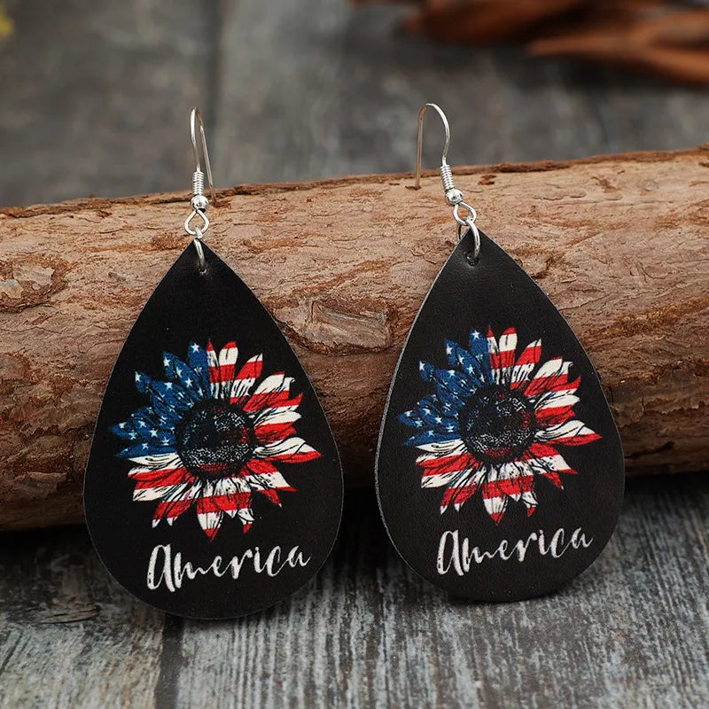 PU Leather Sunflower Teardrop Shape Earrings