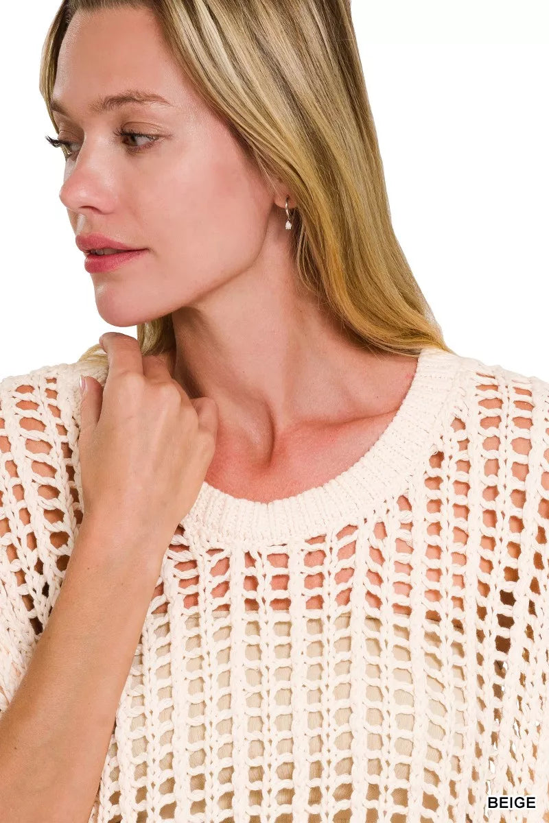 Zenana Fish Net Short Sleeve Crochet Knit Cover Up