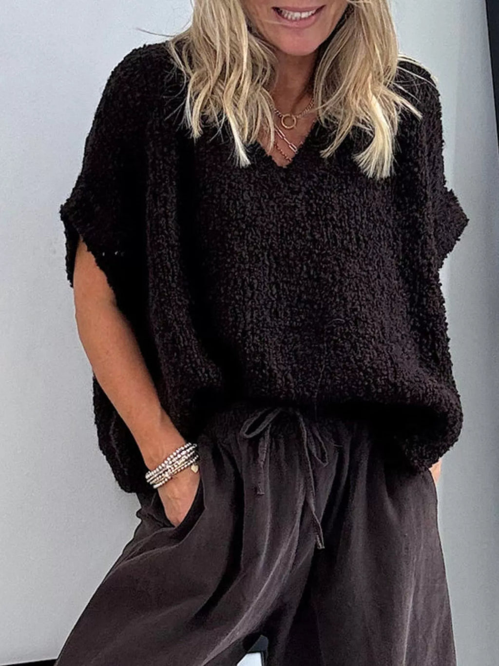 Textured Knit V-Neck Sweater