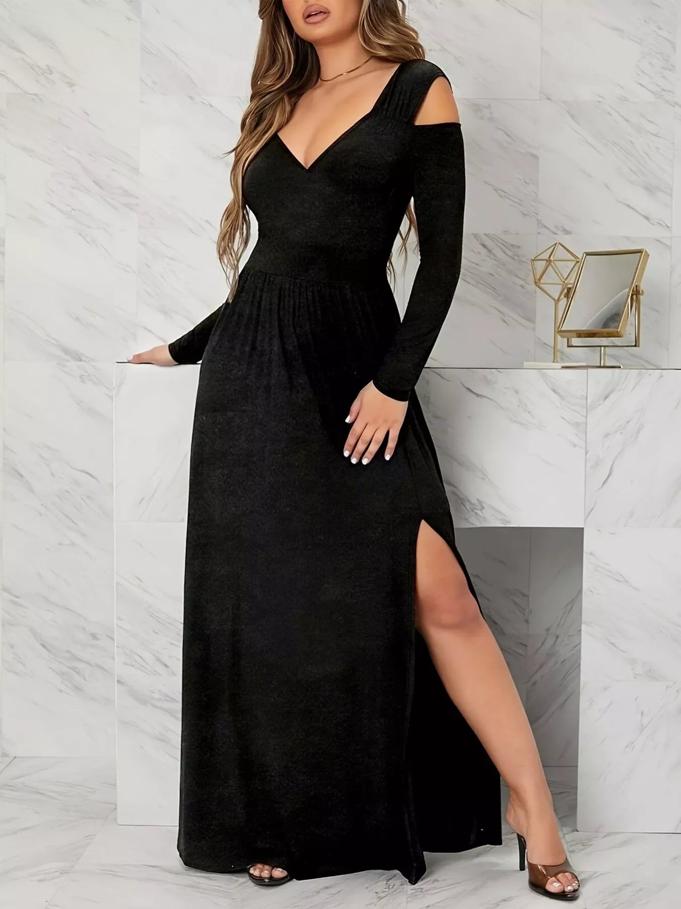 Elegant Cold Shoulder Slit Maxi Dress