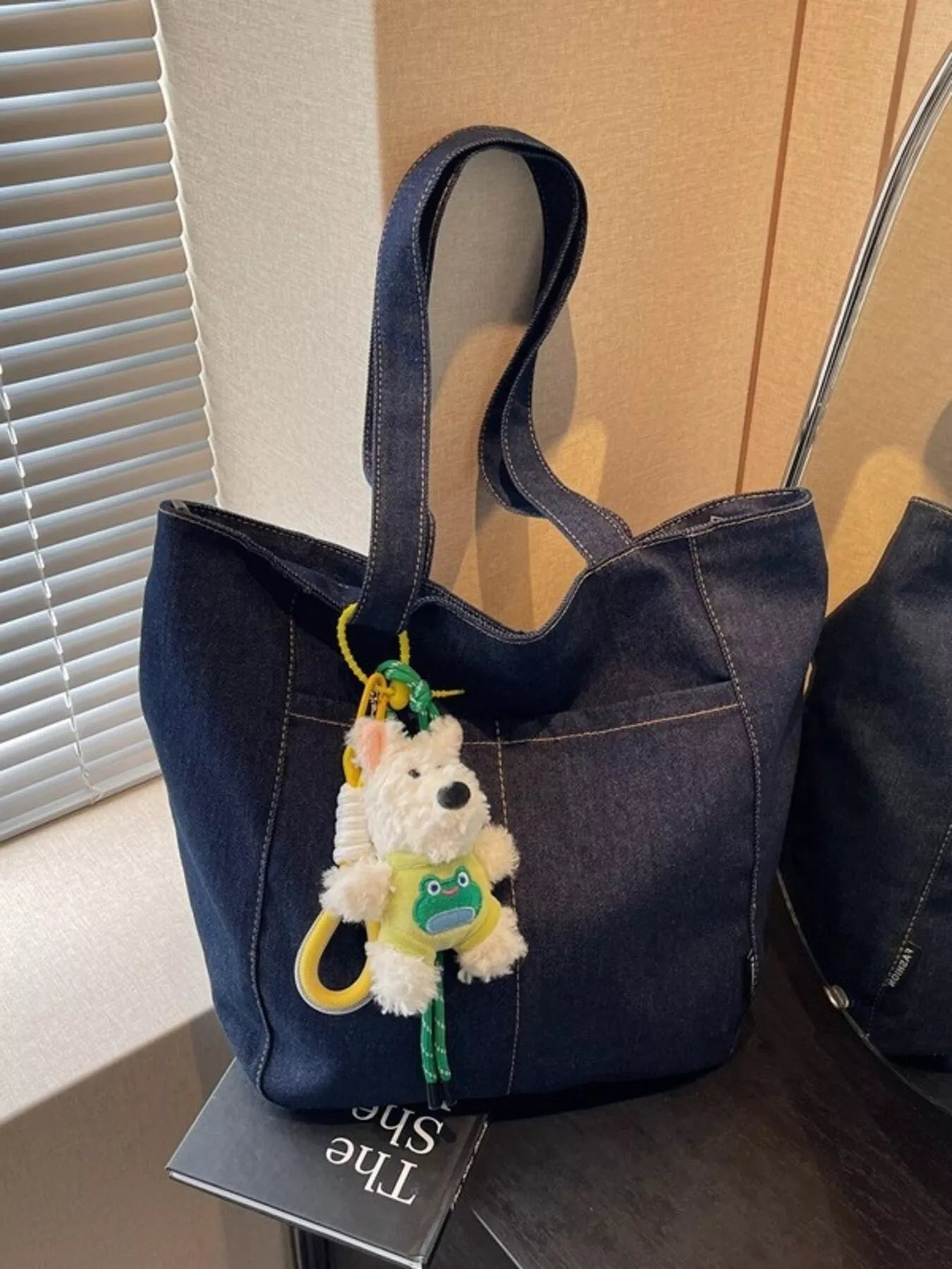Denim Shoulder Bag with Cute Charm