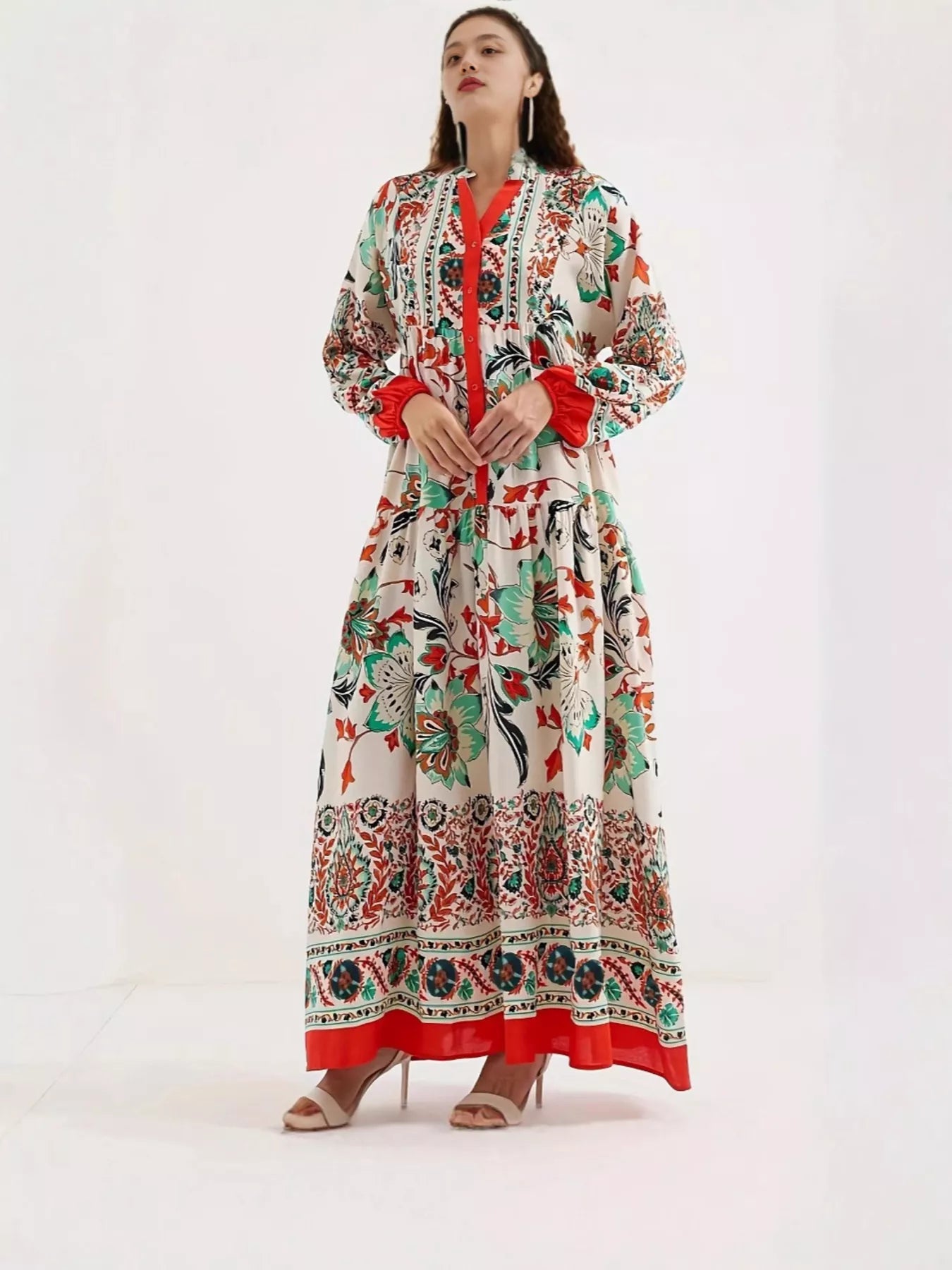 Printed Notched Long Sleeve Maxi Dress