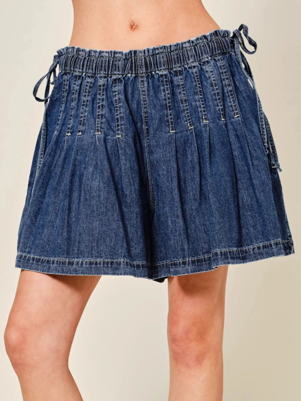 Pleated Elastic Waist Denim Shorts