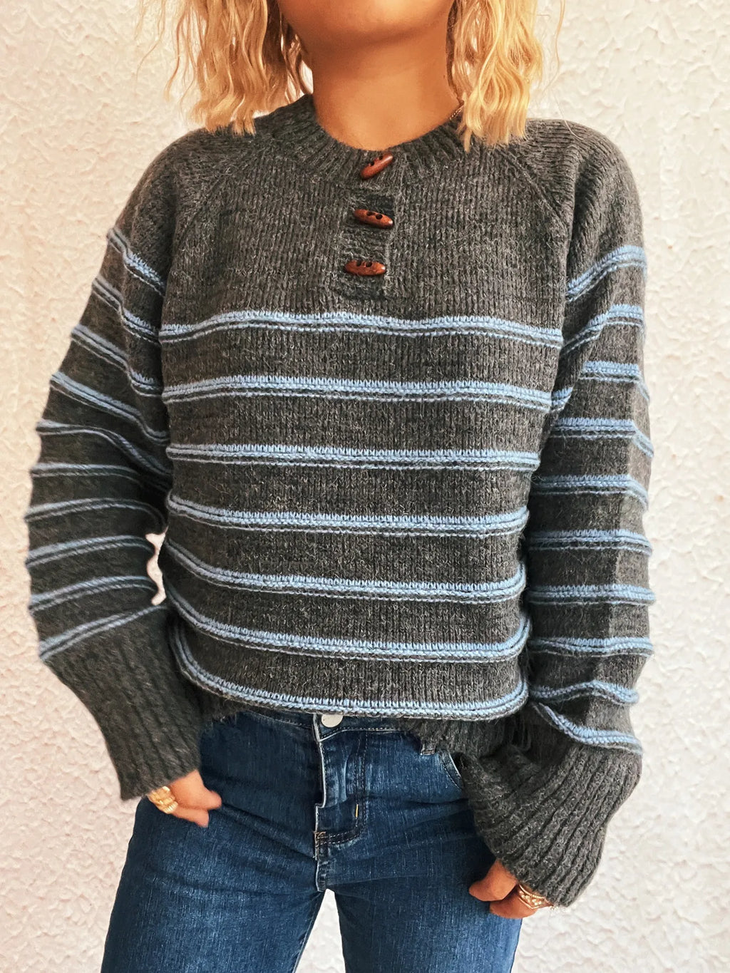 Striped Button Detail Long Sleeve Sweater