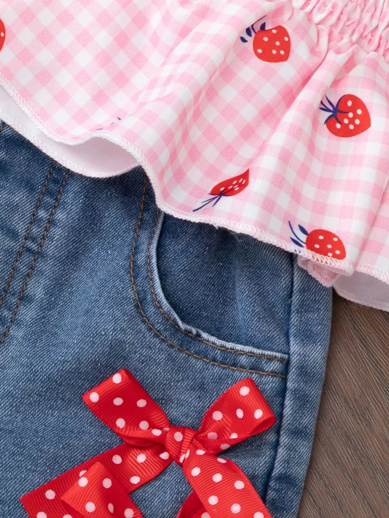 Children's Strawberry Gingham Smocked Top & Denim Shorts Set