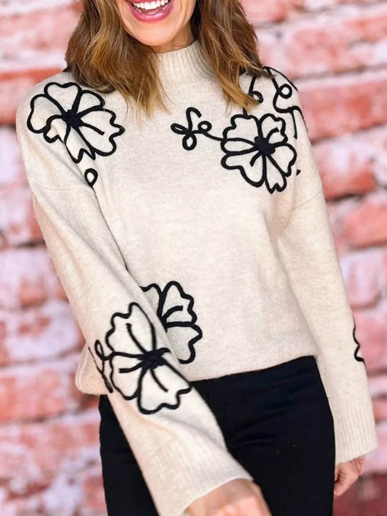 Flower Stitching Mock Neck Sweater
