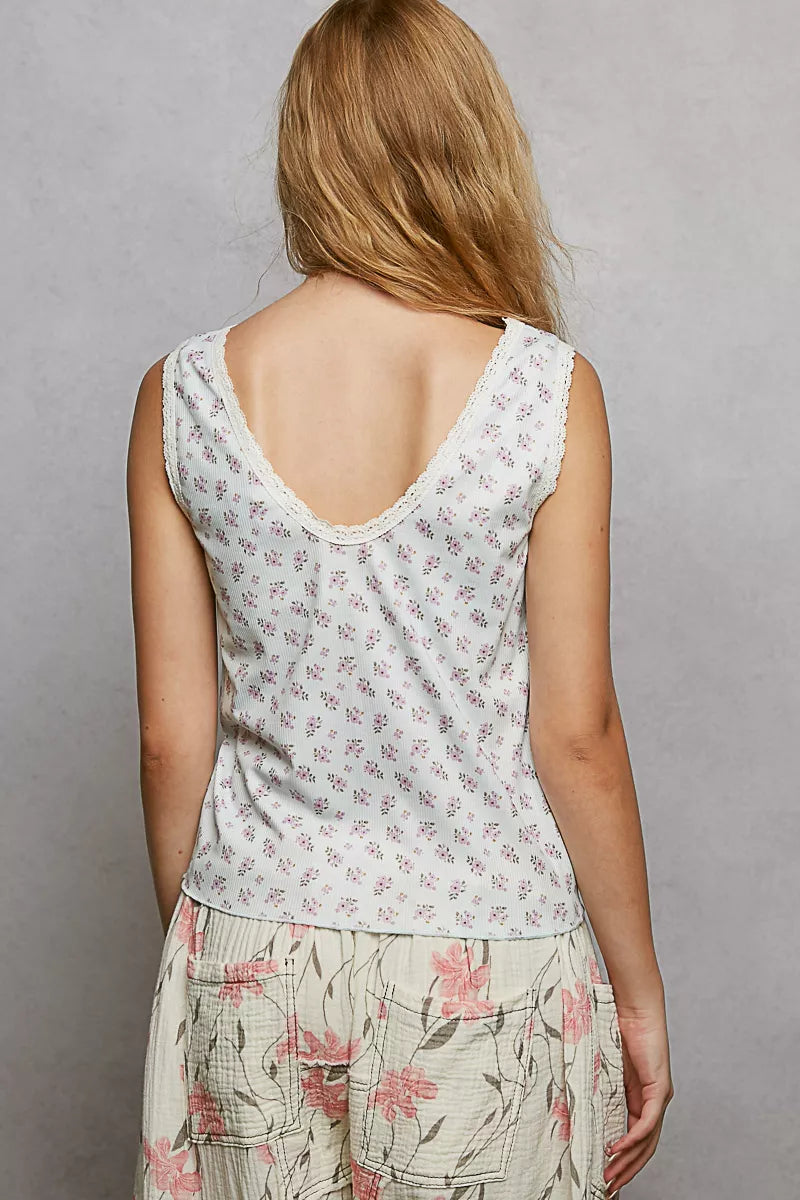 POL Ruched Floral V-Neck Tank with Lace Detail