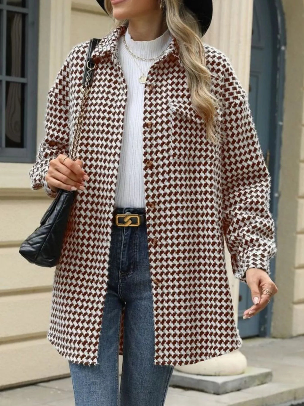 Houndstooth Button Up Long Sleeve Coat