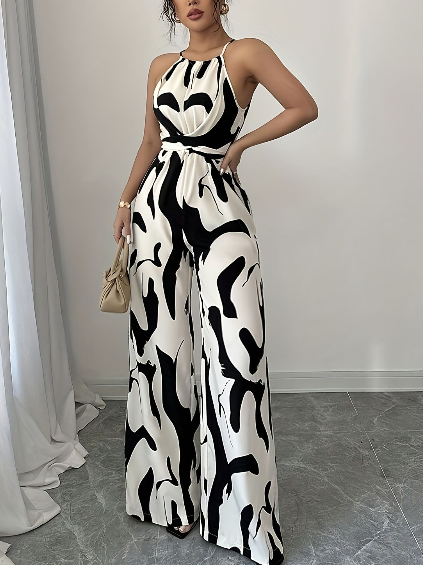 Abstract Print Sleeveless Wide Leg Jumpsuit