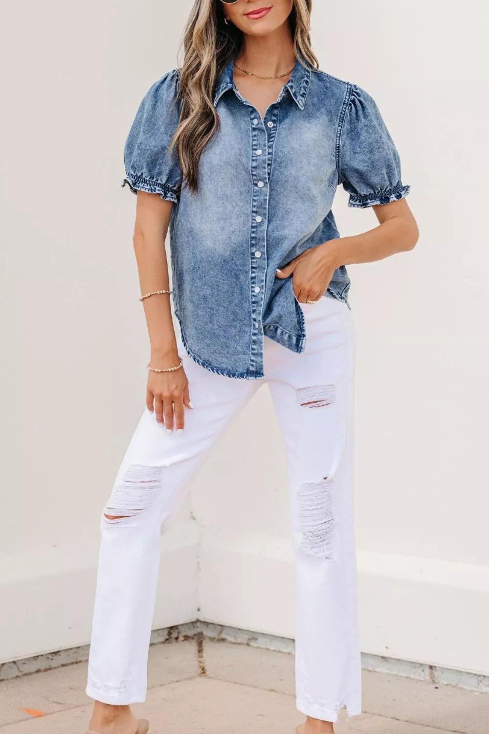 Frilled Short Sleeve Snap Button Denim Shirt