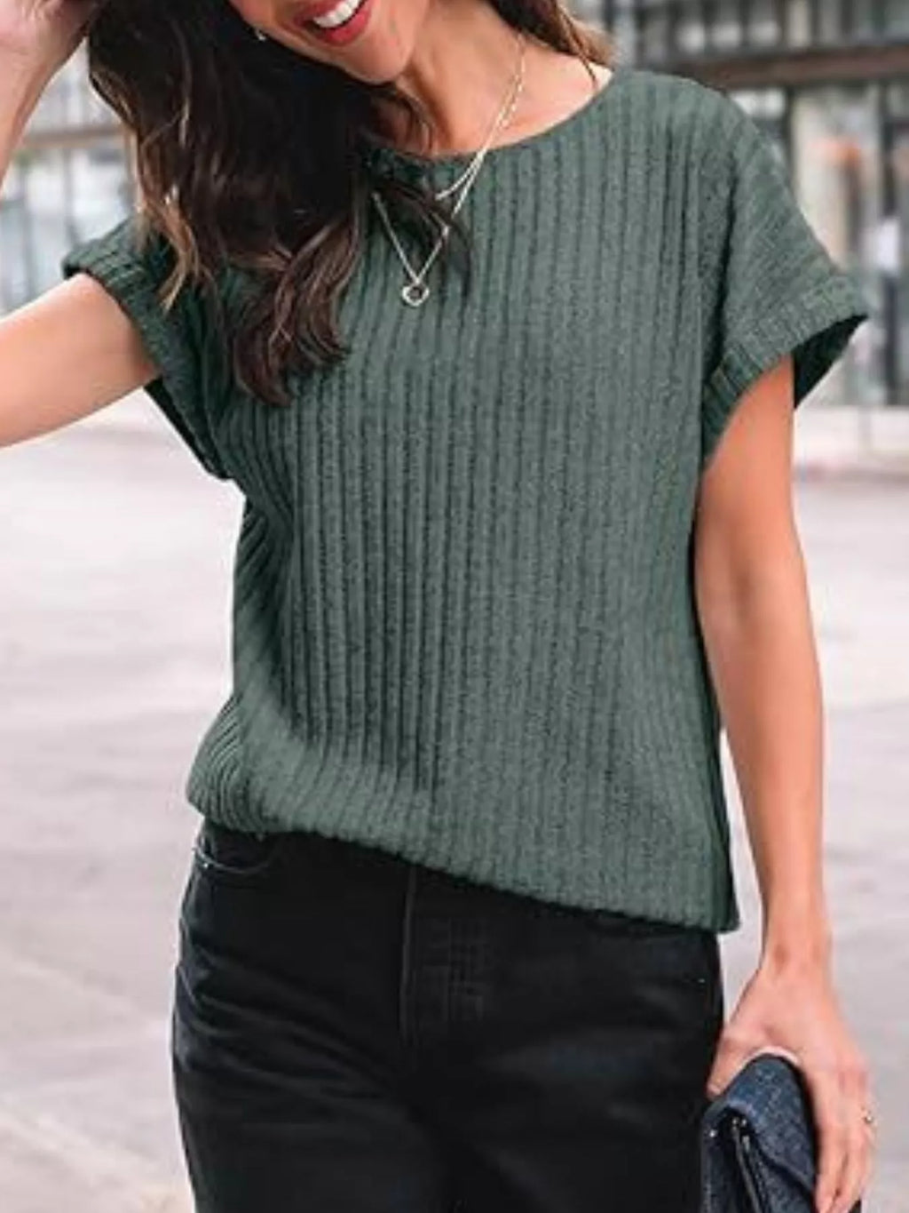 Casual Ribbed Knit Short Sleeve T-Shirt